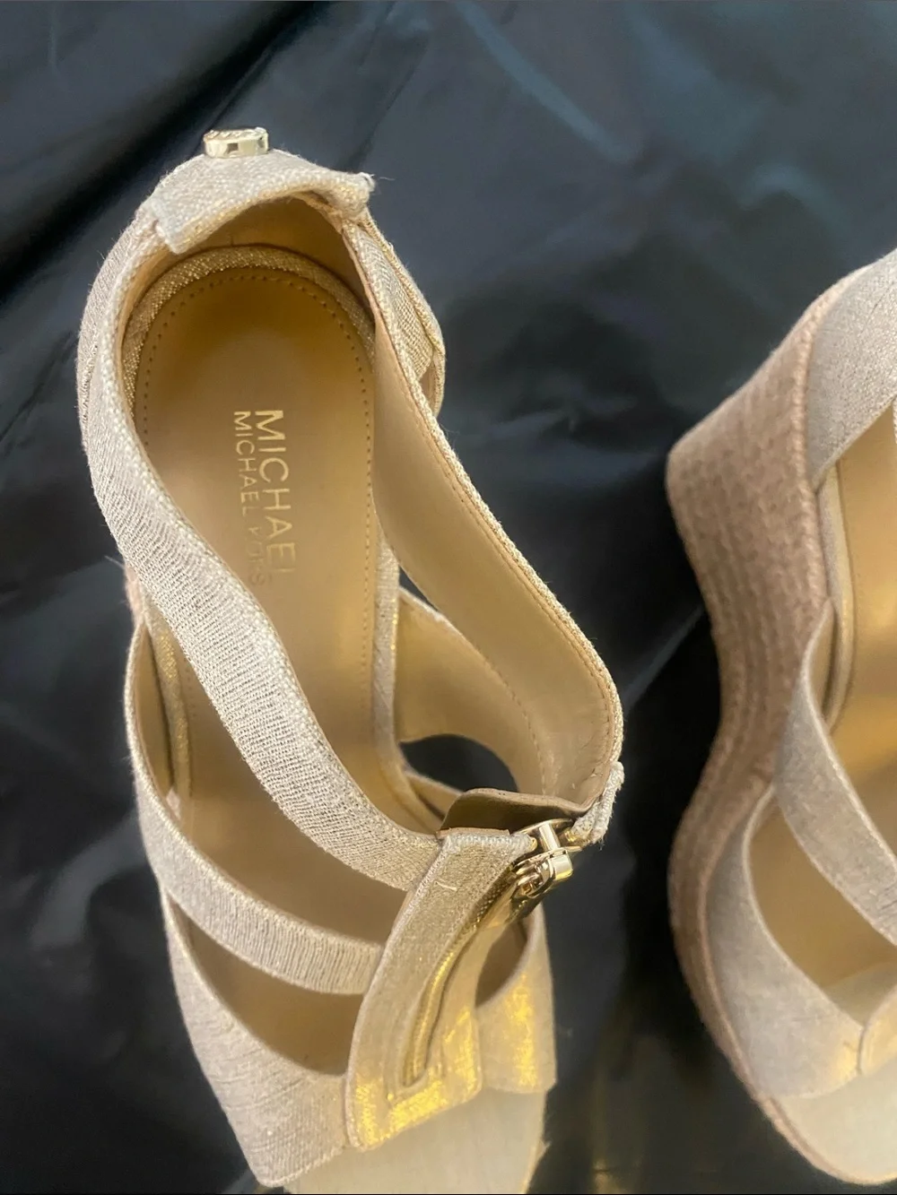 Michael Kors Gold Metallic Espadrille Wedge Sandals with Front Zip